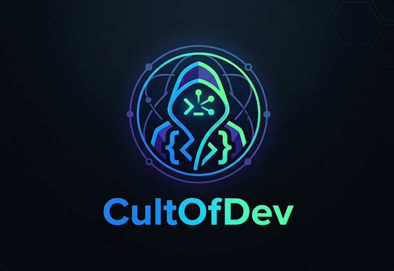 thecultofdev logo with hooded developer icon and neon lettering
